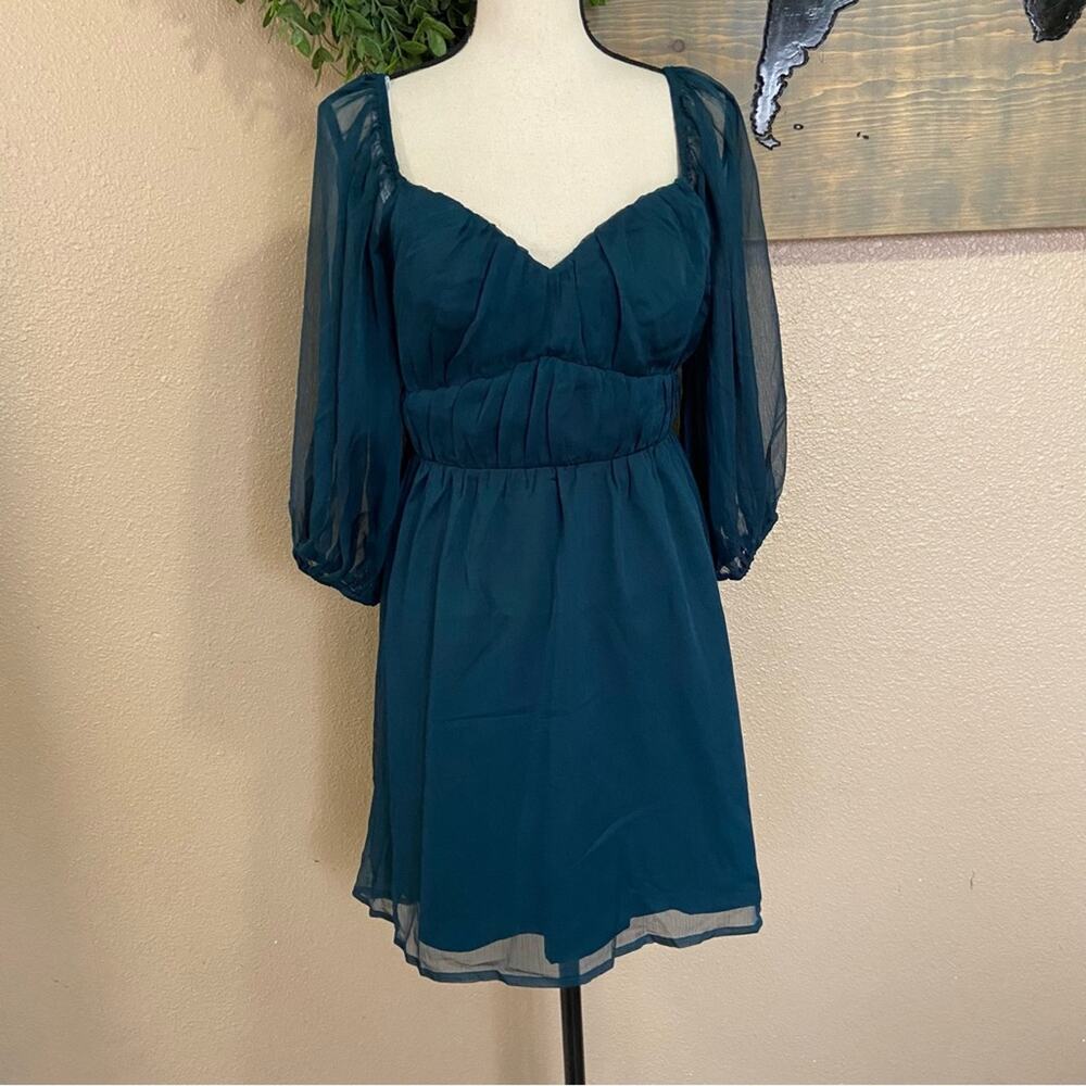 NWOT Lulus Vivacious Arrival Emerald Chiffon Balloon Sleeve Mini Dress - Picture 2 of 12